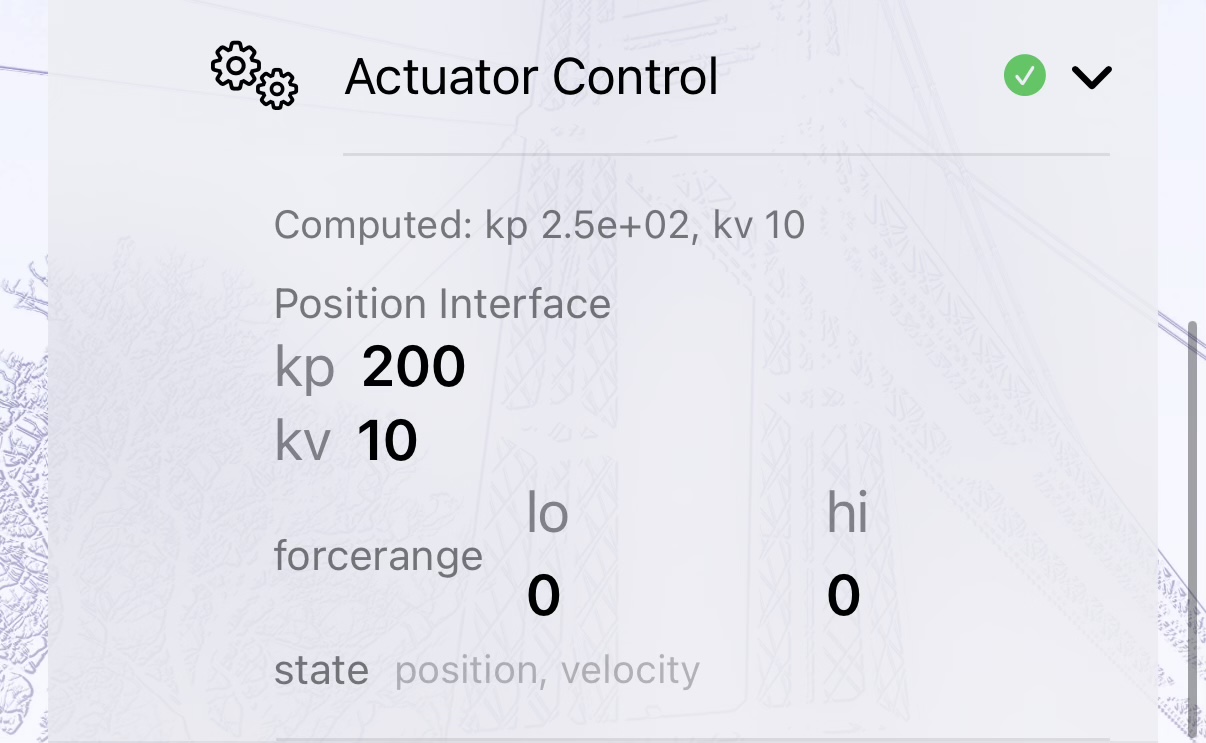 ARMOR's Actuator Control panel showing a computed default of kp 2.5e+02, kv 10 for a joint's Position Interface, with editable kp, kv, forcerange, and state fields