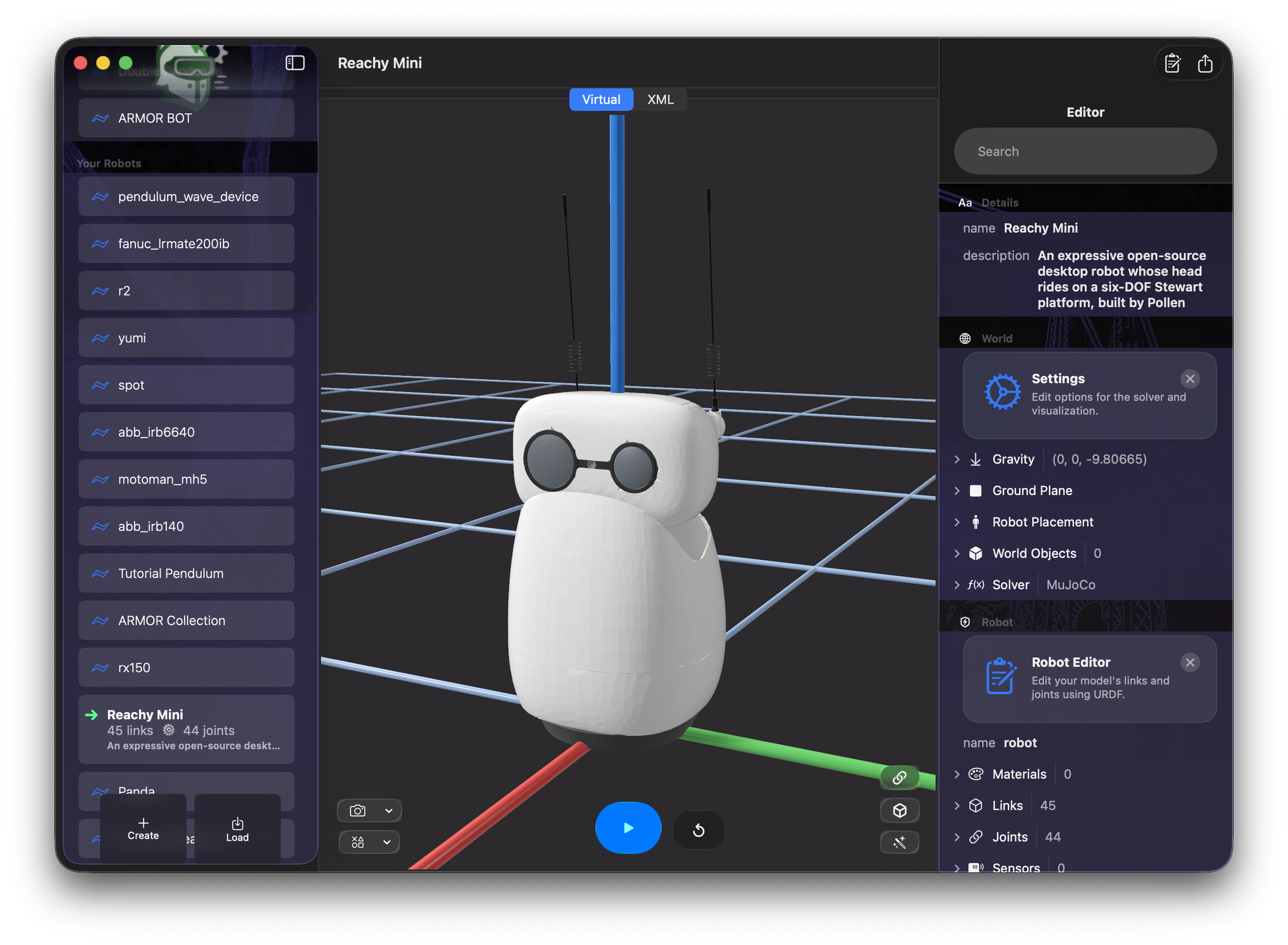ARMOR on macOS showing the three-column layout — project sidebar on the left, the Reachy Mini in the 3D viewport in the center, and the Inspector panel open on the right with World and Robot Editor sections