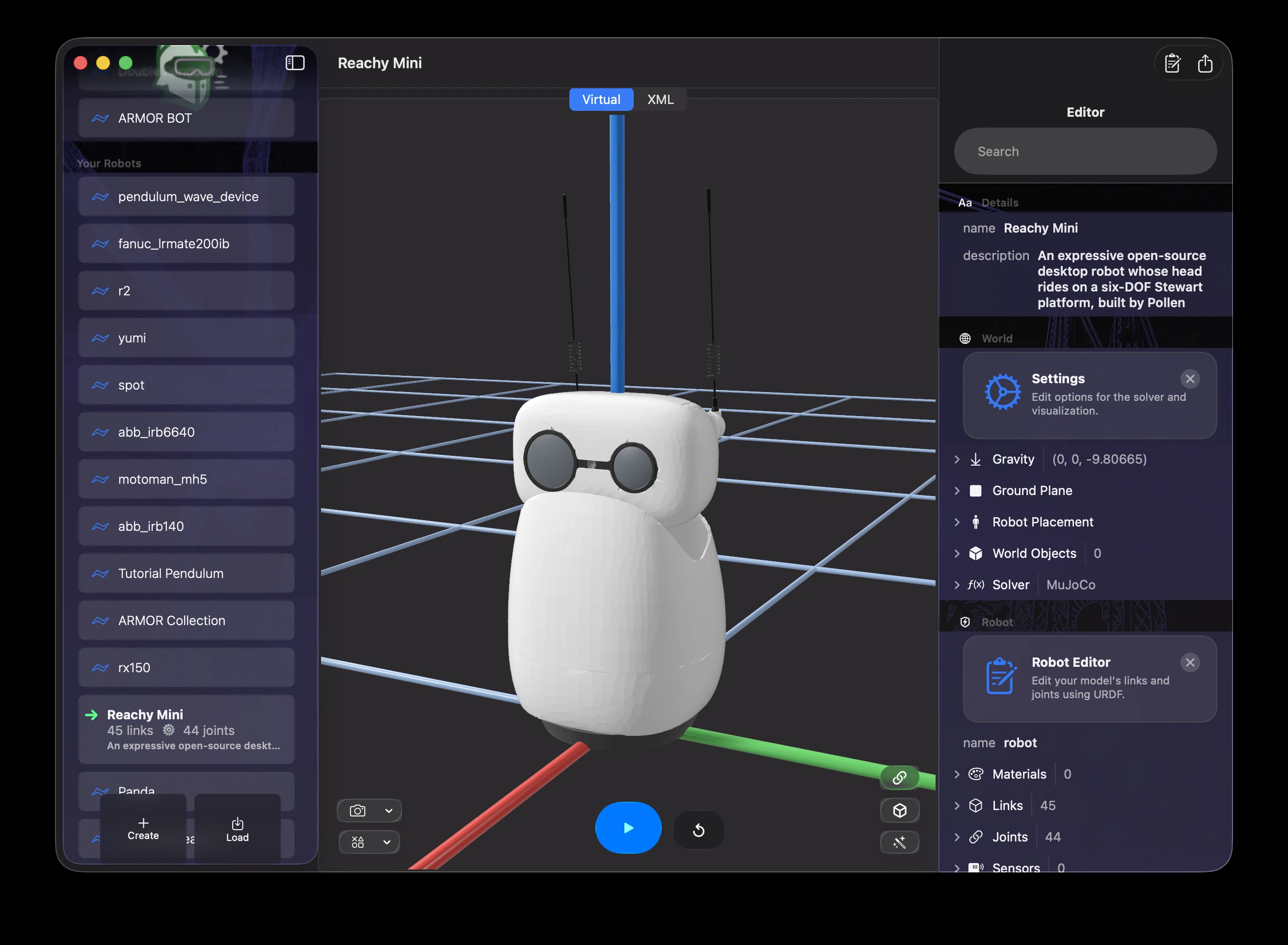 ARMOR on macOS showing the three-column layout — project sidebar on the left, the Reachy Mini in the 3D viewport in the center, and the Inspector panel open on the right with World and Robot Editor sections