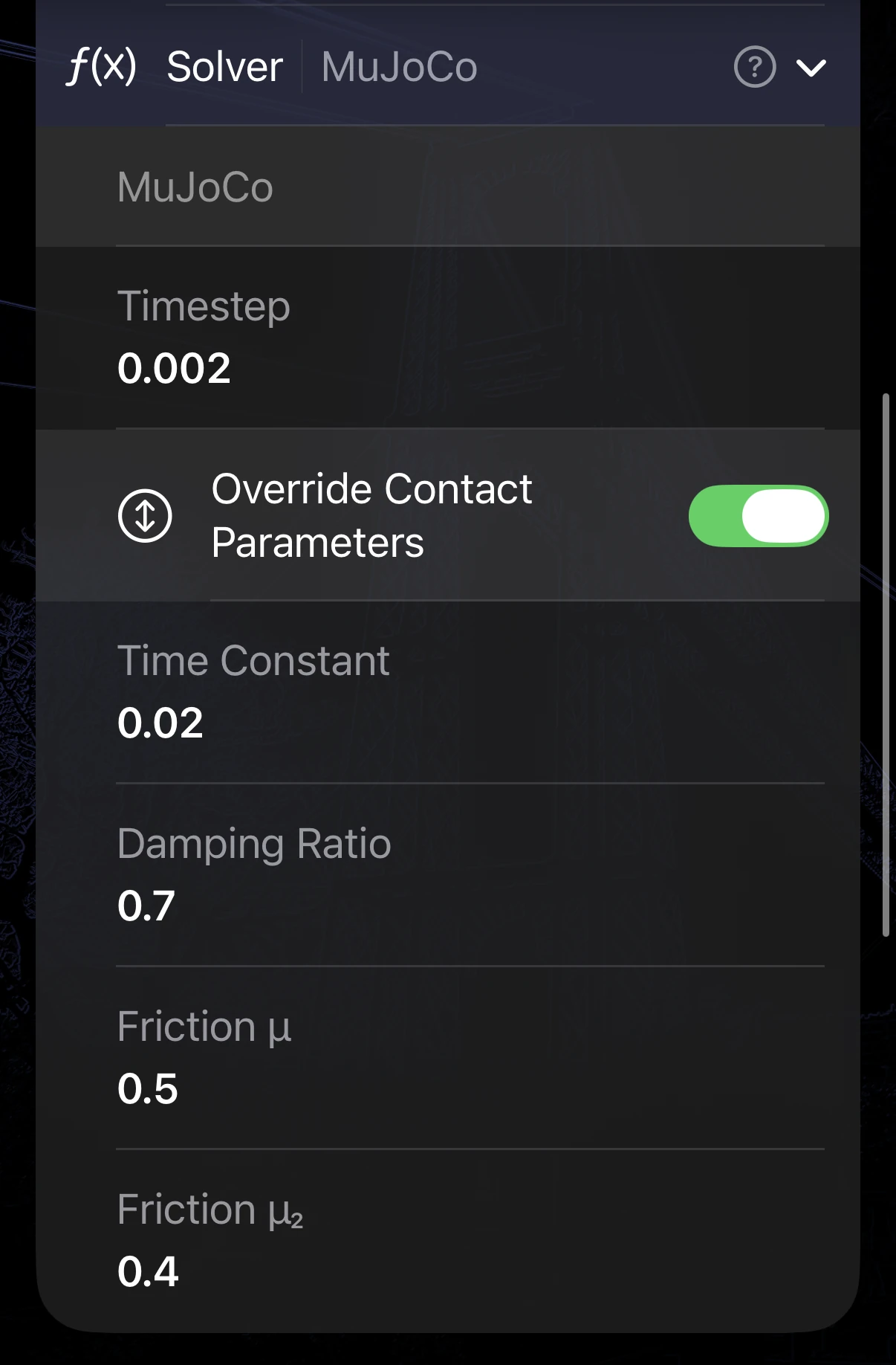 ARMOR's World editor Solver section with Override Contact Parameters turned on, showing Timestep 0.002 and below it Time Constant 0.02, Damping Ratio 0.7, Friction μ 0.5 and Friction μ₂ 0.4