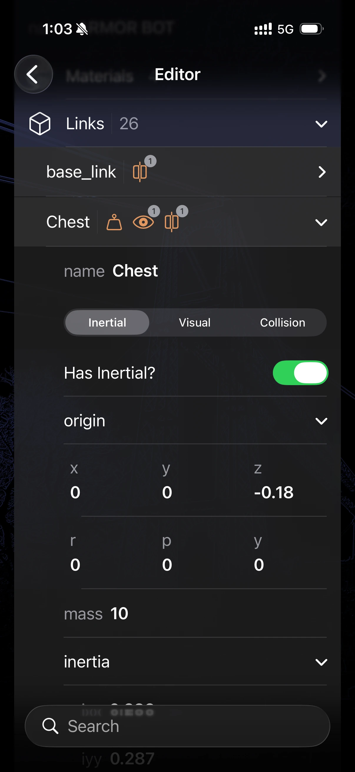 ARMOR's link editor on the Inertial tab for a link named Chest, showing the Has Inertial toggle, origin, mass and inertia tensor fields that an estimate from the mesh fills in