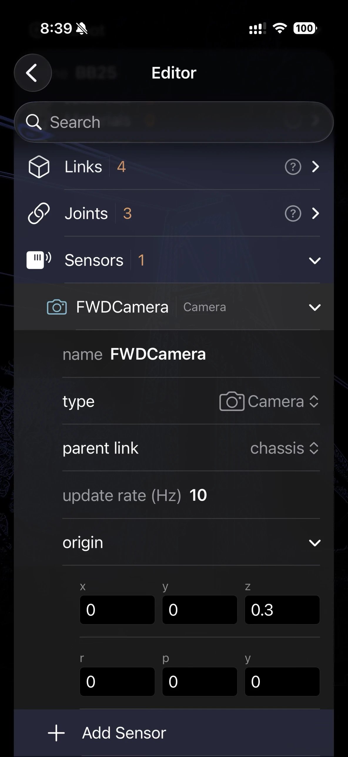 ARMOR's Robot Editor with the Sensors group expanded, showing one sensor named FWDCamera of type Camera, with its parent link set to chassis, update rate 10 Hz, and origin x/y/z/r/p/y fields