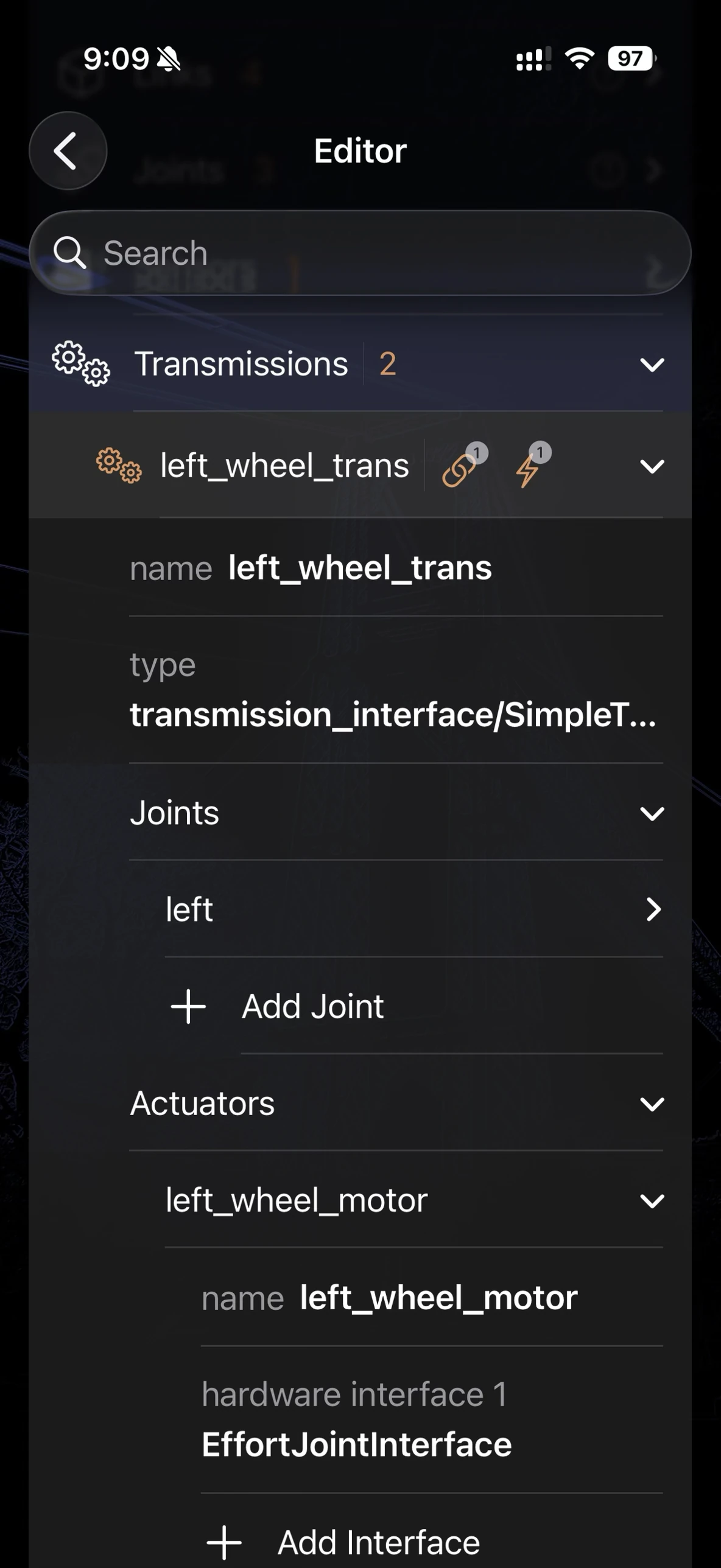 ARMOR's Robot Editor with the Transmissions group expanded, showing a transmission named left_wheel_trans of type transmission_interface/SimpleTransmission, its Joints section with a joint named left, and its Actuators section with left_wheel_motor set to hardware interface EffortJointInterface