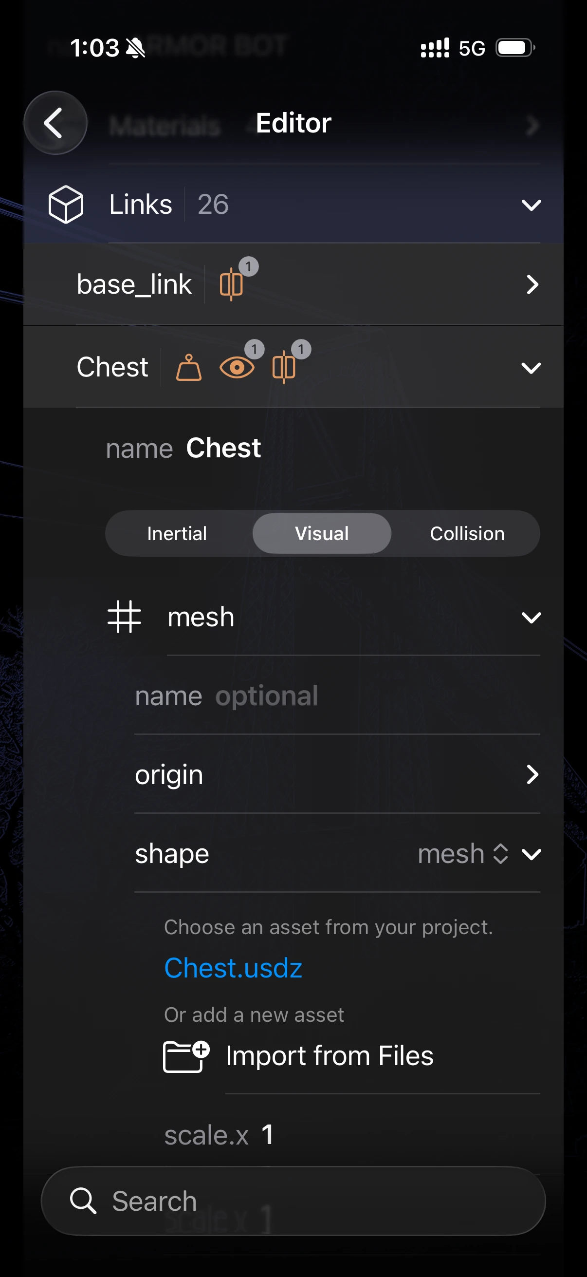 ARMOR's Links editor on the Visual tab for the same Chest link, with shape set to mesh and Chest.usdz selected as the asset, plus an Import from Files option and scale.x field