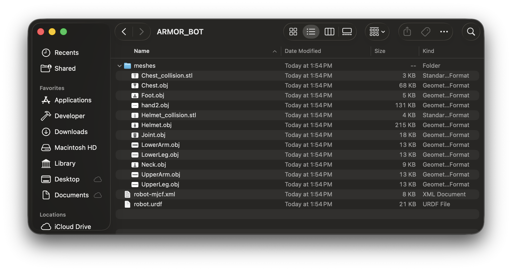 Contents of an exported ARMOR URDF package: robot.urdf and robot-mjcf.xml alongside a meshes folder of converted OBJ visual meshes and STL collision meshes