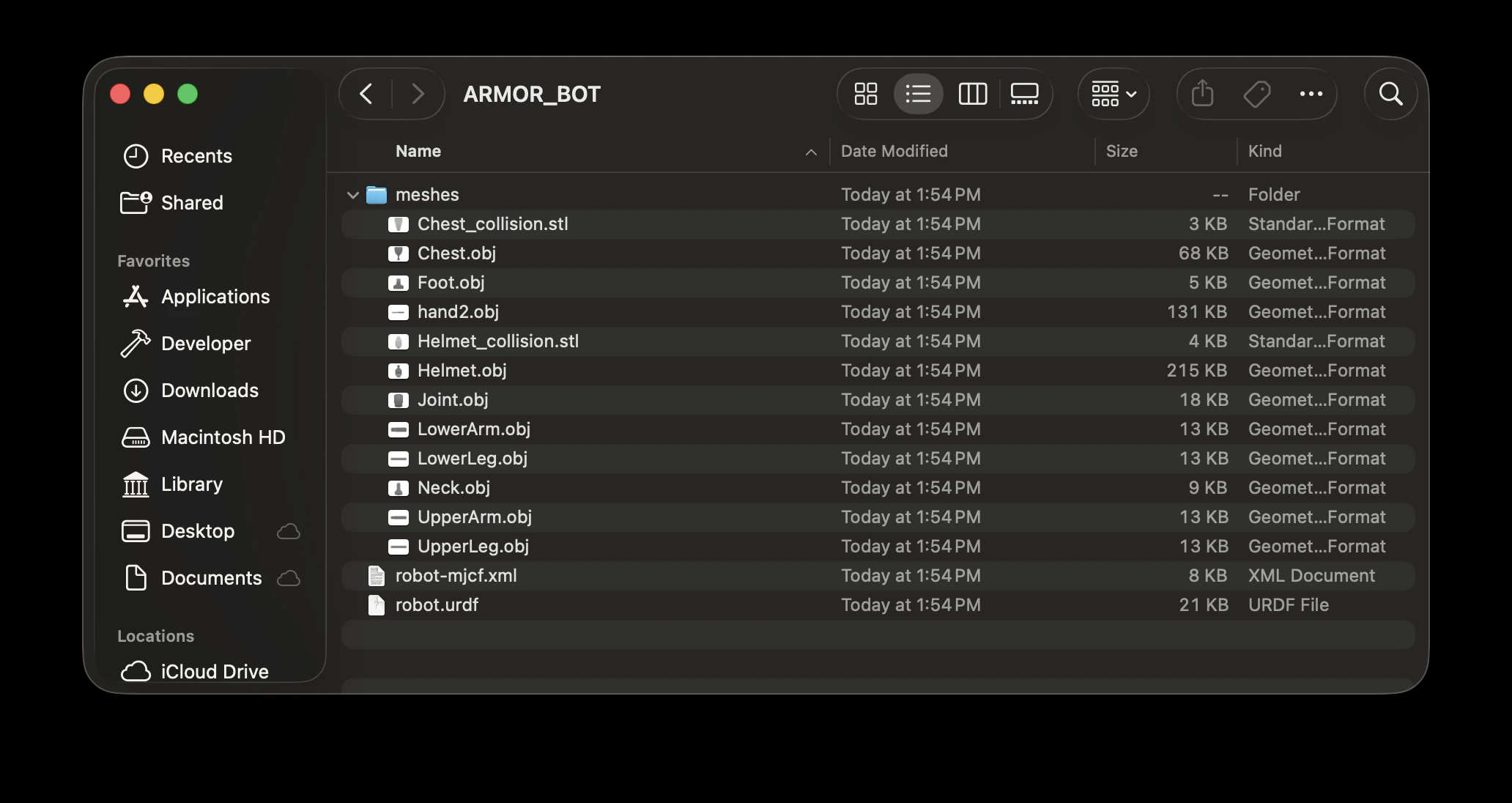 Contents of an exported ARMOR URDF package: robot.urdf and robot-mjcf.xml alongside a meshes folder of converted OBJ visual meshes and STL collision meshes