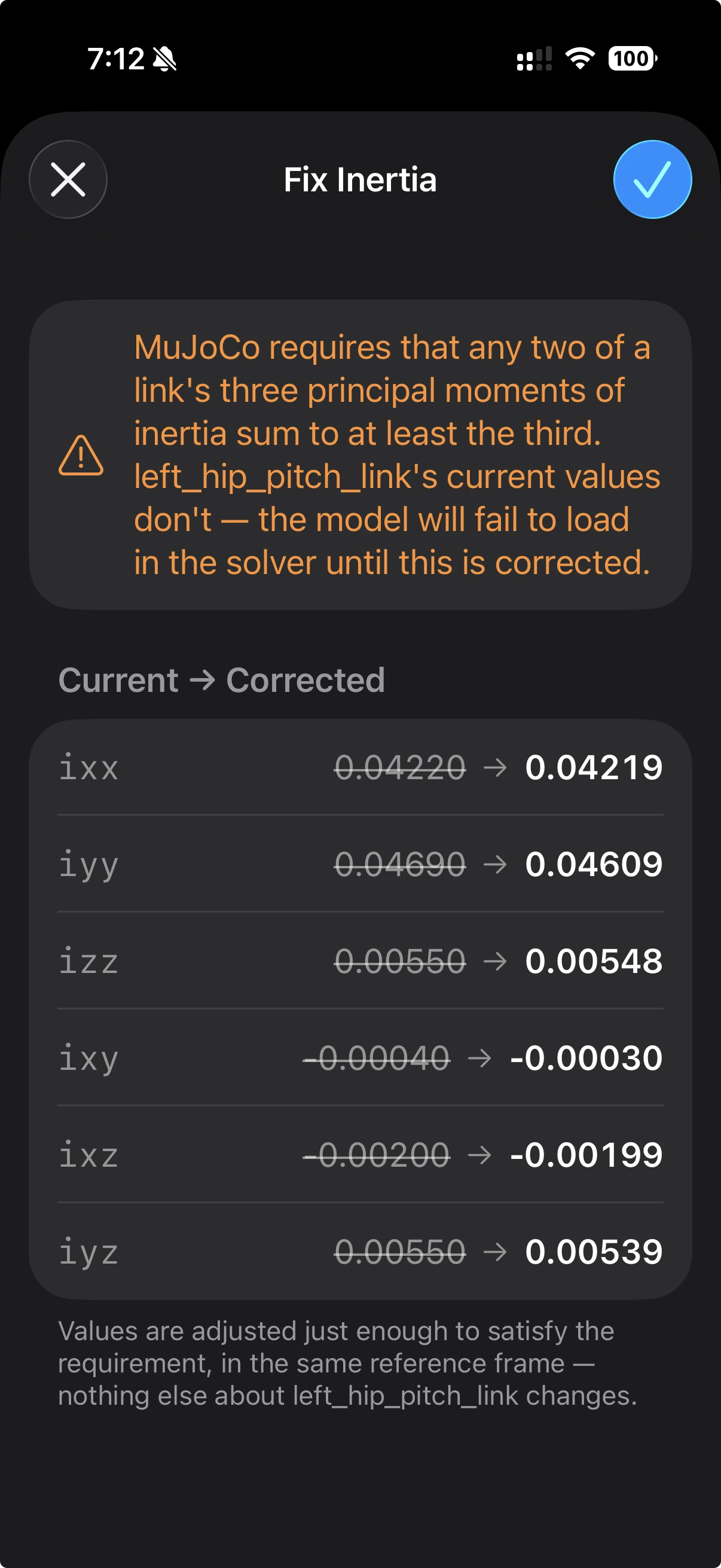 ARMOR's Fix Inertia sheet for a link named left_hip_pitch_link, with a warning about the principal moments and a Current to Corrected list in which each of ixx, iyy, izz, ixy, ixz and iyz shows its old value crossed out beside the corrected value