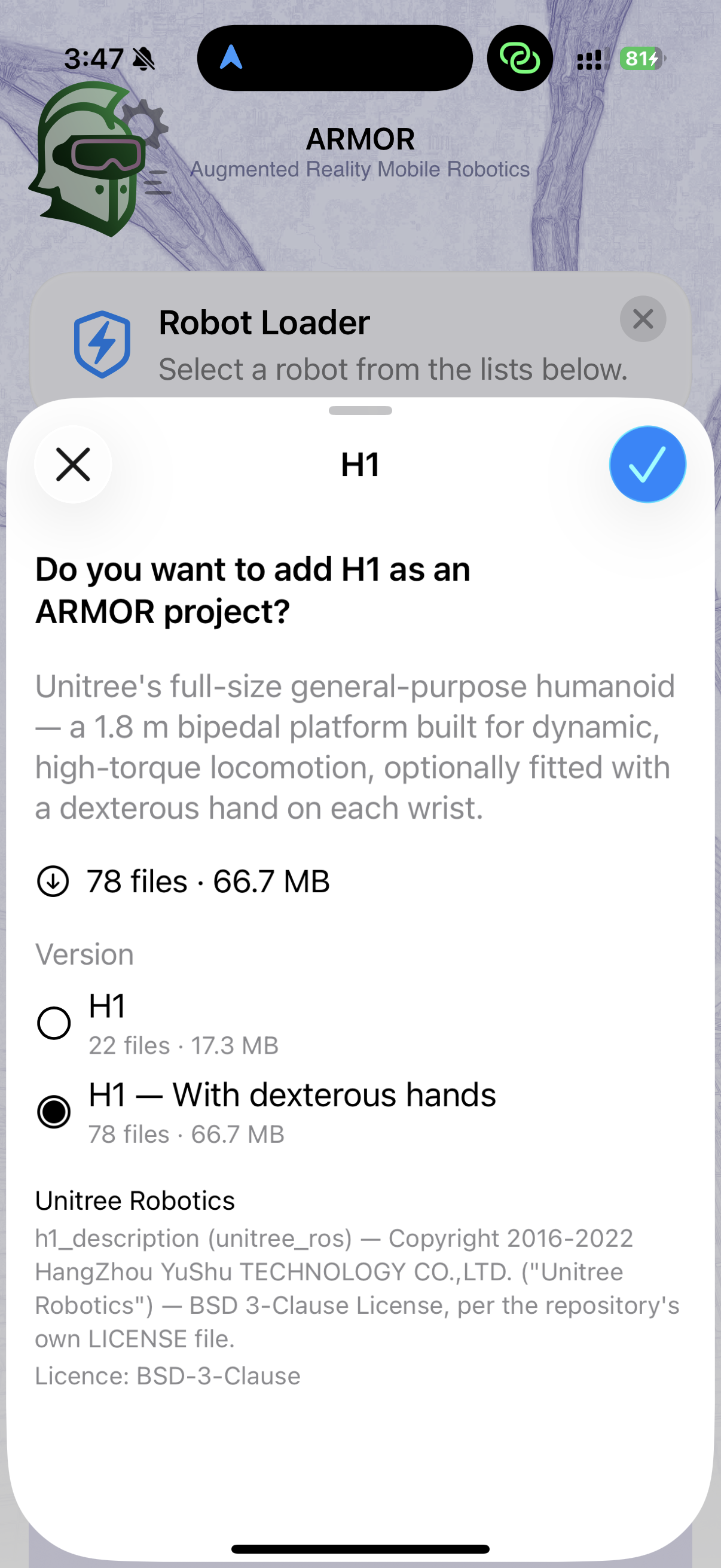 ARMOR import confirmation sheet for Unitree's H1 humanoid, showing the variant picker (H1 vs H1 with dexterous hands), file count, download size, and BSD-3-Clause license attribution