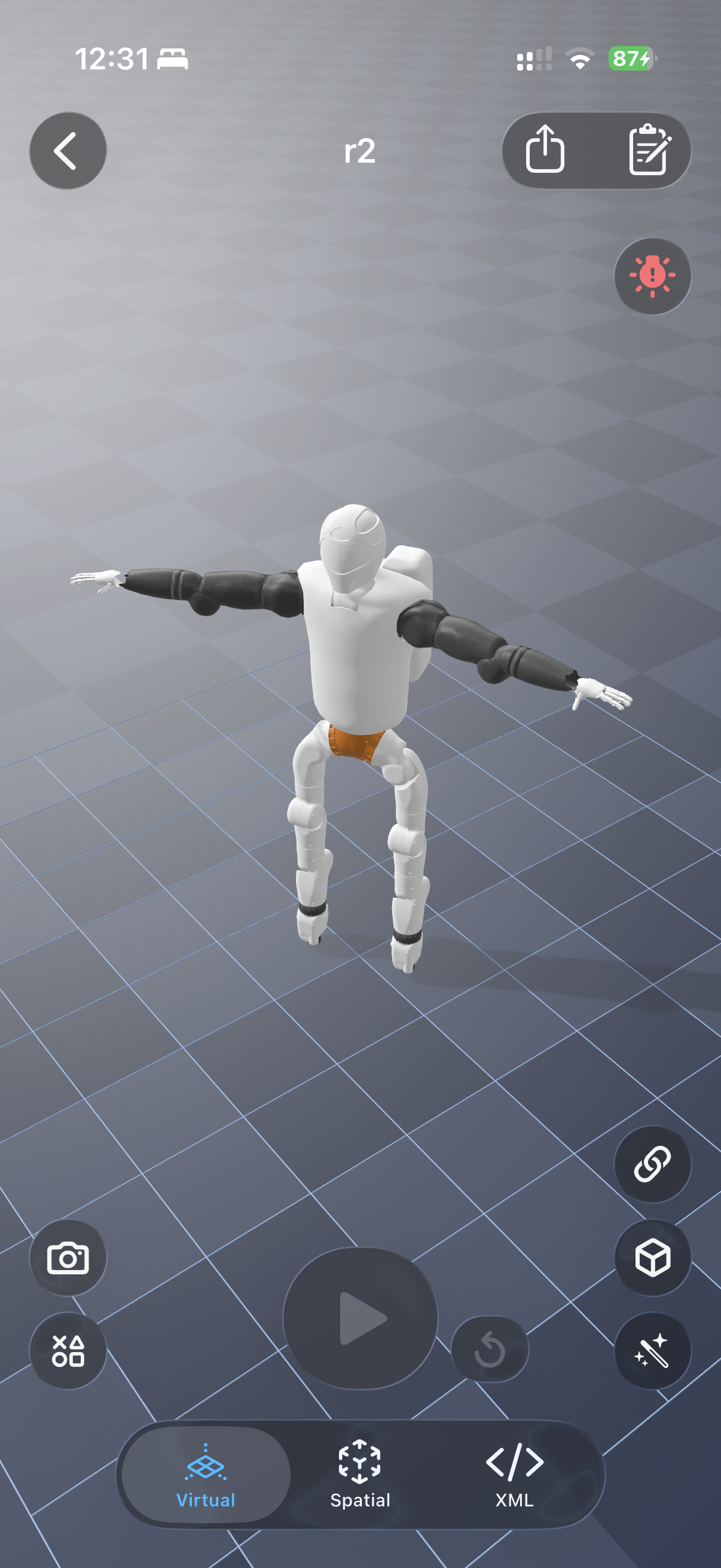 ARMOR 3D view showing a humanoid robot standing on a MuJoCo-style checkerboard ground plane with the Virtual, Spatial, and XML tabs visible at the bottom