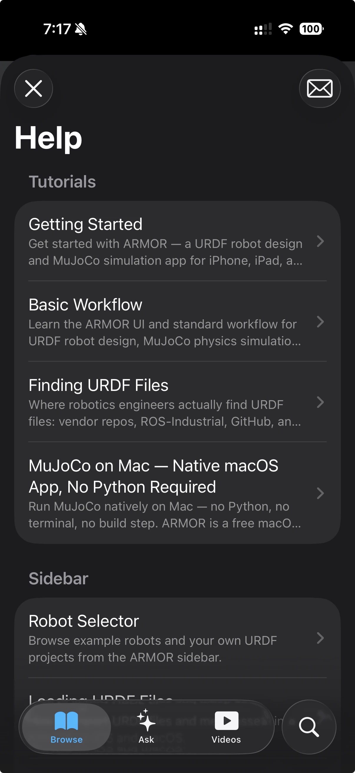ARMOR's Help sheet on iPhone, showing the page list grouped into Tutorials and Sidebar sections, with Browse, Ask, and Videos tabs and a search button at the bottom