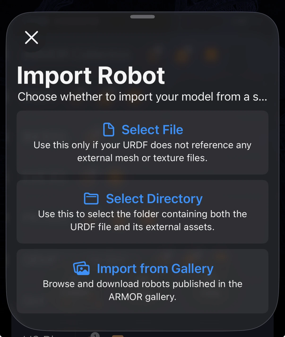 Import Robot sheet with the Select File, Select Directory and Import from Gallery options