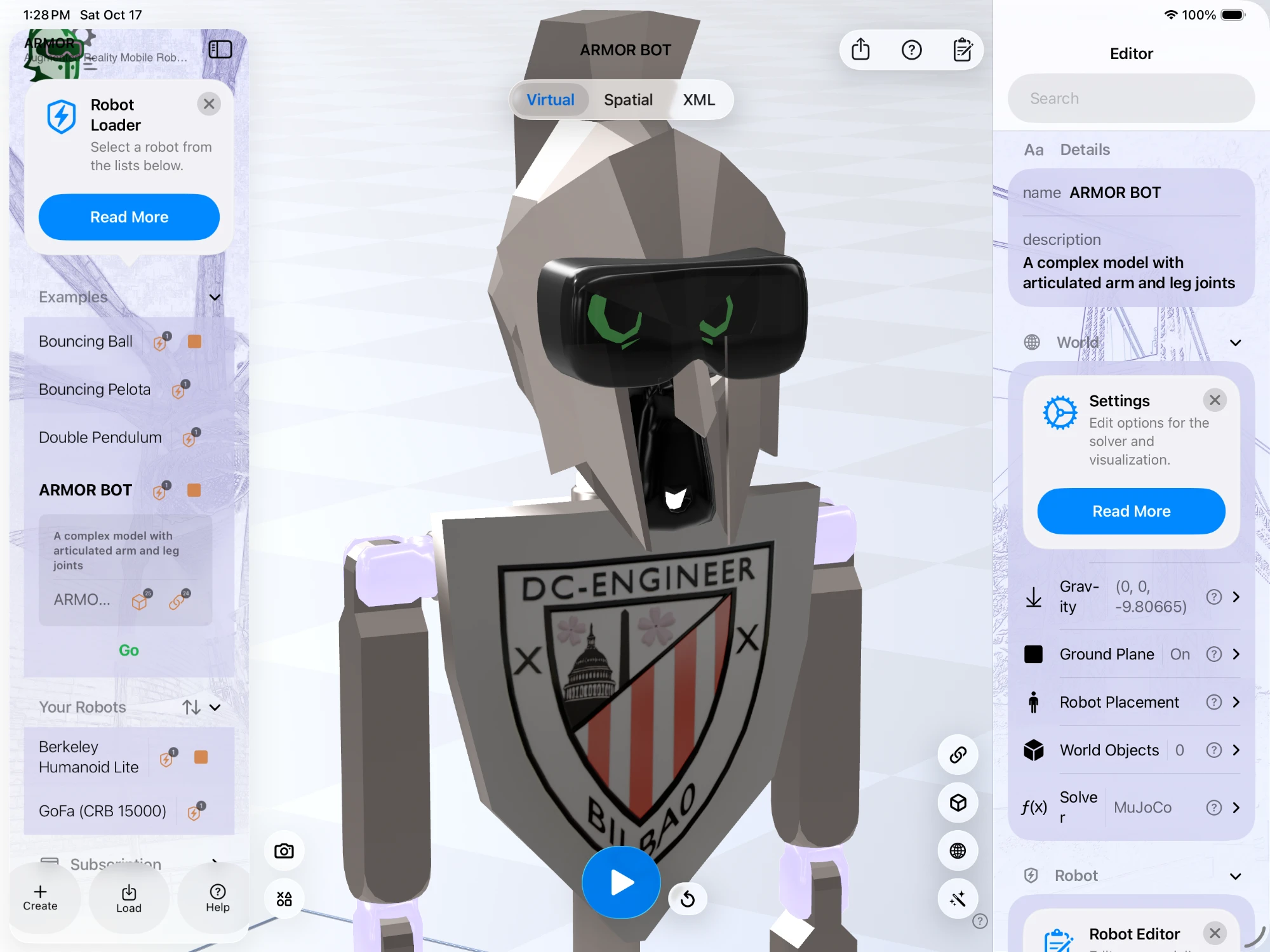 ARMOR on iPad showing the robot list on the left, a robot in the 3D view in the middle, and the robot editor panel on the right
