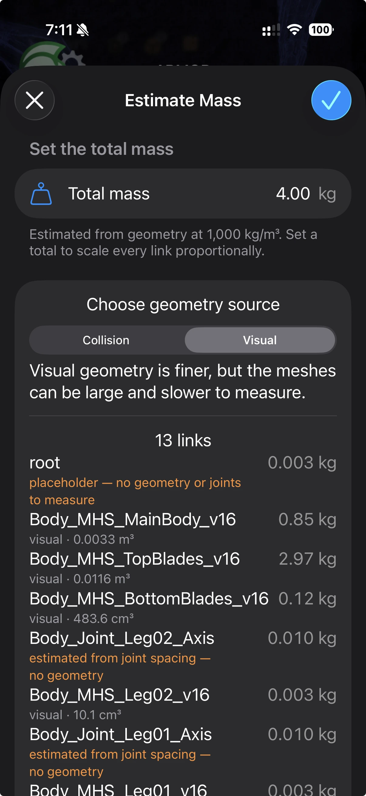 ARMOR's Estimate Mass sheet with a Total mass of 4.00 kg, the Collision and Visual picker set to Visual, and a list of 13 links with an estimated mass and a basis for each, including orange placeholder and joint-spacing rows