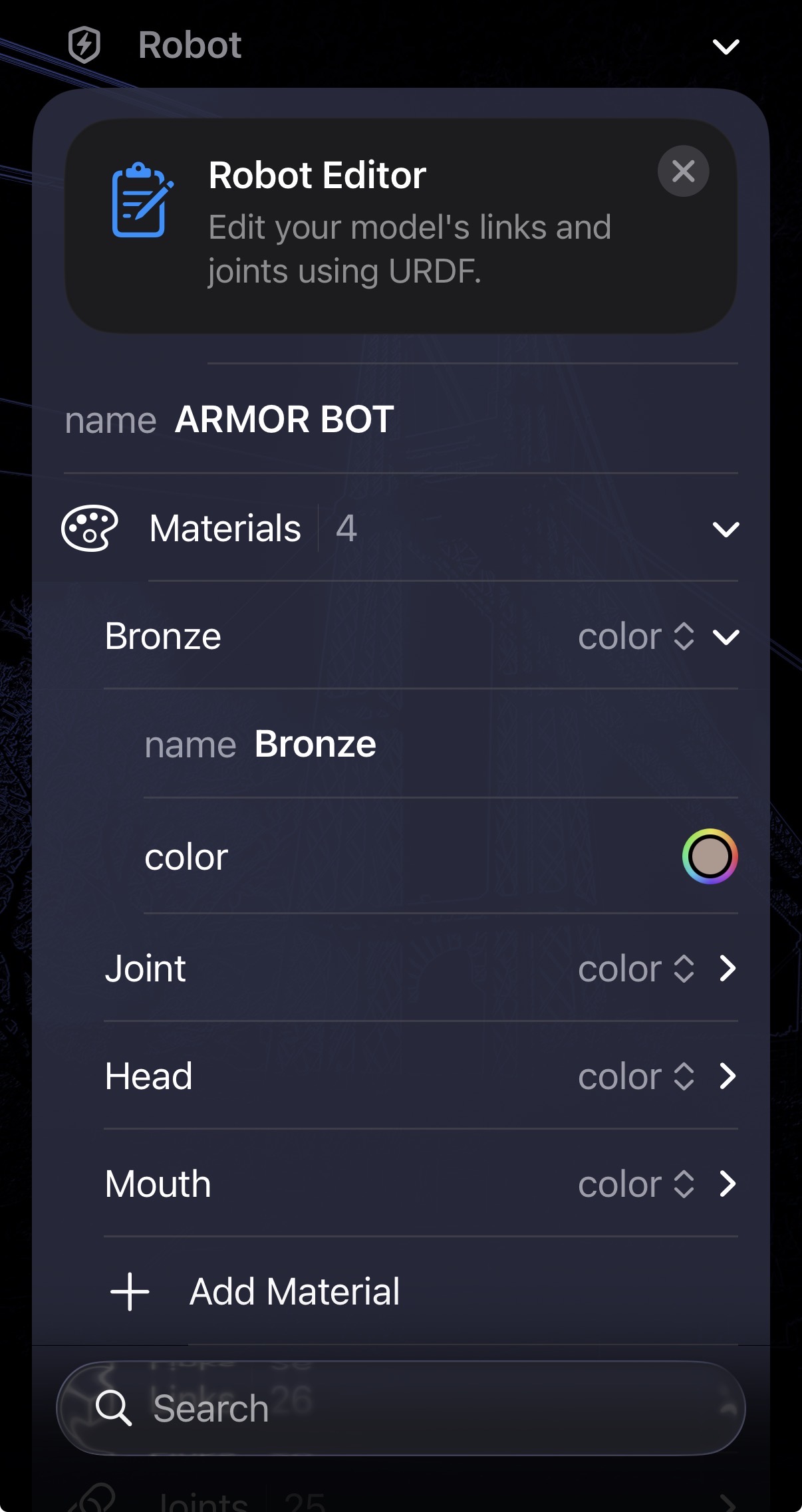Materials editor showing four named materials: Bronze (expanded), Joint, Head, and Mouth