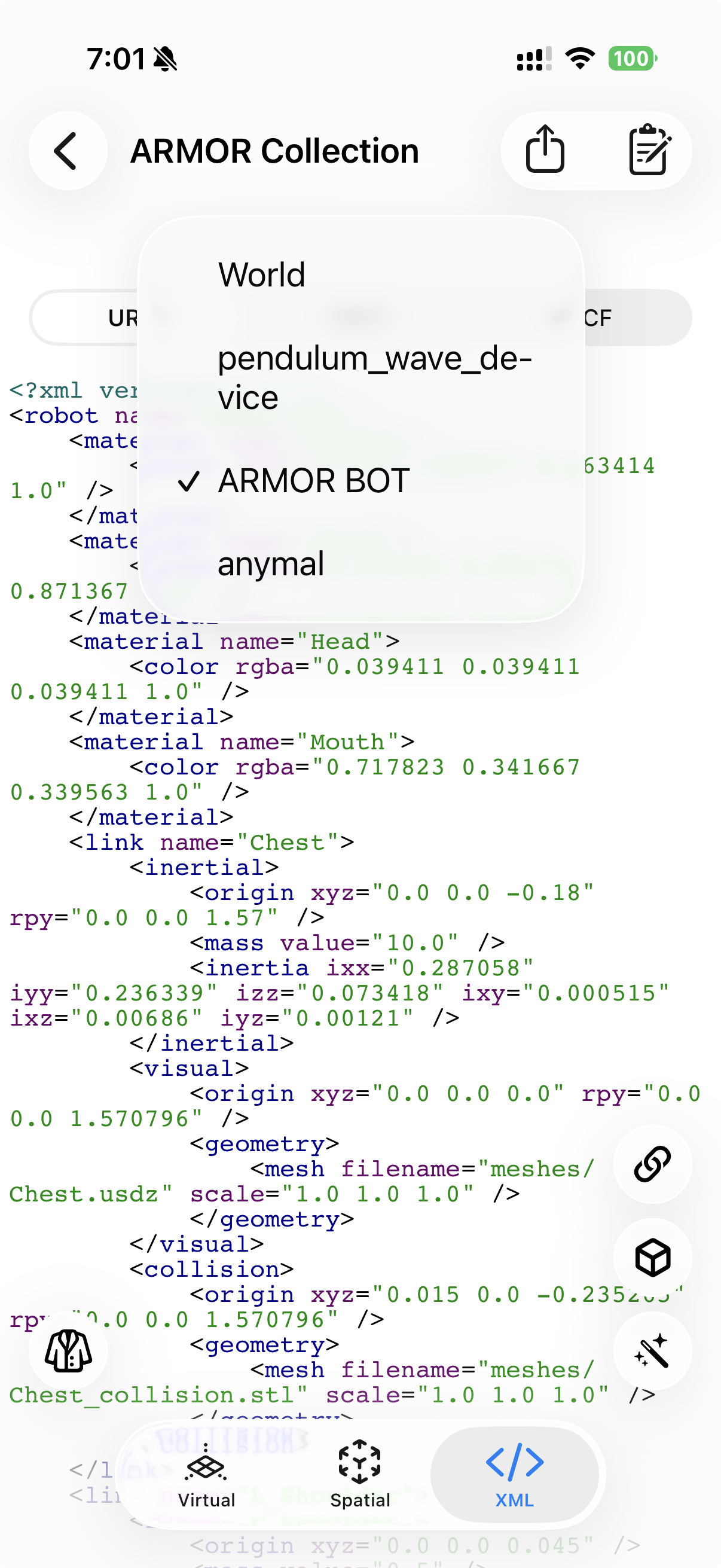 ARMOR XML tab source picker open in a multi-robot project called ARMOR Collection, listing World, pendulum_wave_device, ARMOR BOT (selected), and anymal to switch between