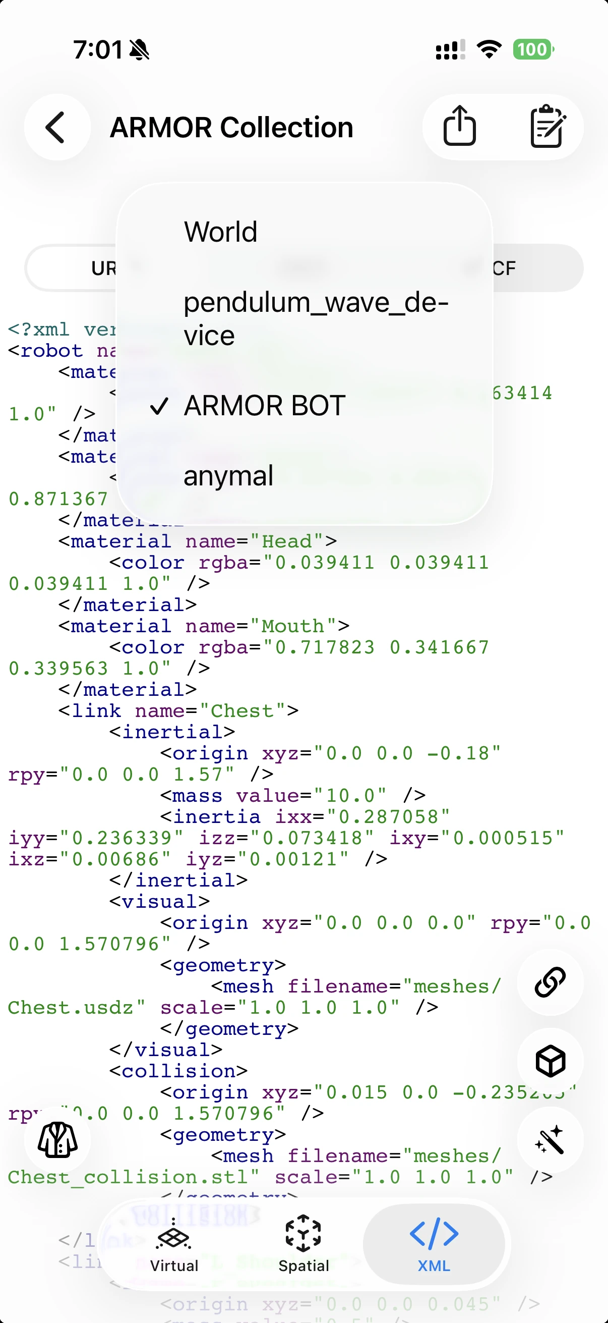ARMOR XML tab source picker open in a multi-robot project called ARMOR Collection, listing World, pendulum_wave_device, ARMOR BOT (selected), and anymal to switch between