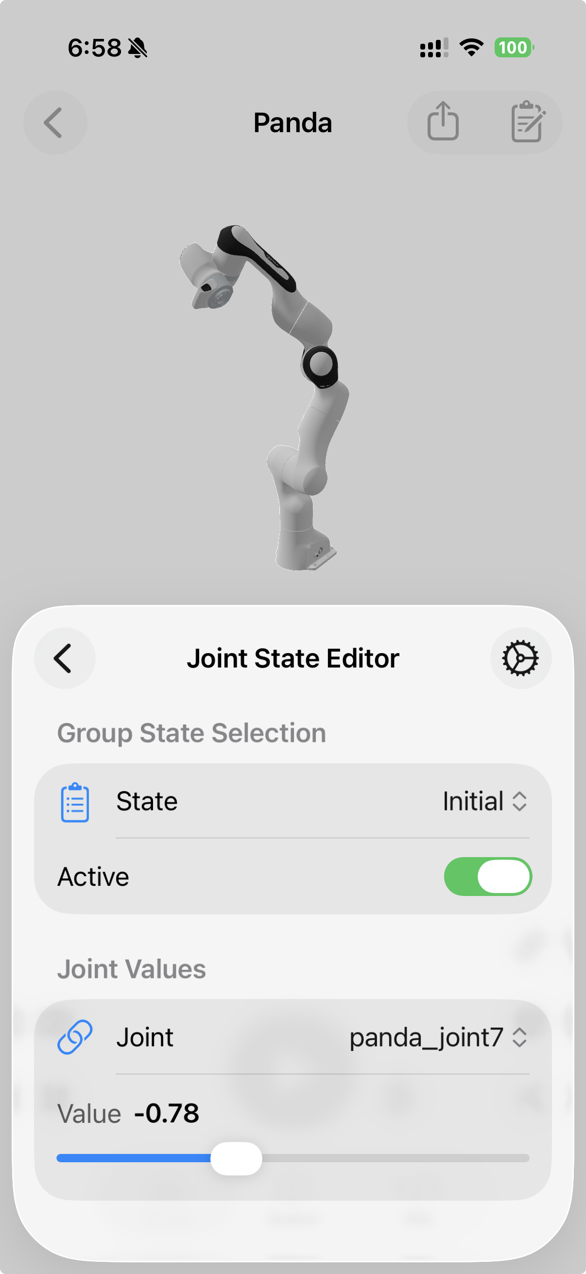 ARMOR's Joint State Editor for the Franka Panda, adjusting panda_joint7's value with a slider while the robot's pose updates live behind it