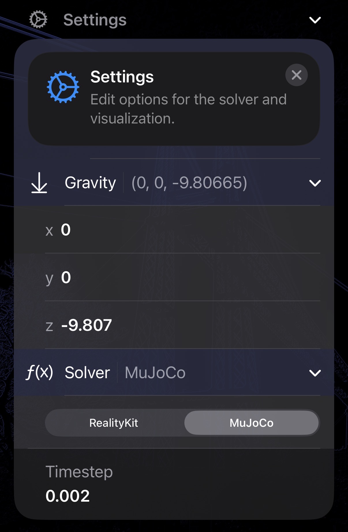 Settings panel showing gravity, solver, and timestep controls