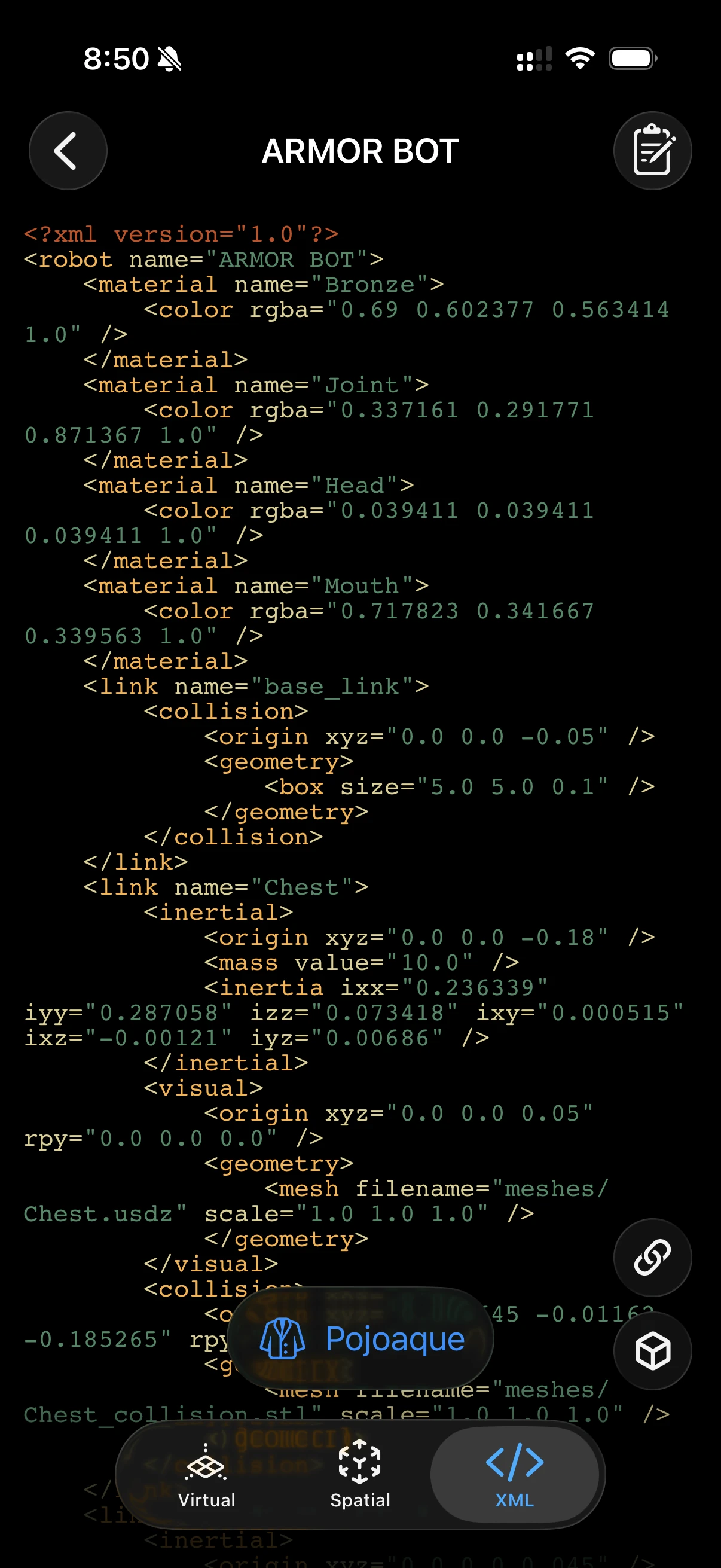 URDF XML Viewer showing URDF source with syntax highlighting in the ARMOR iOS app