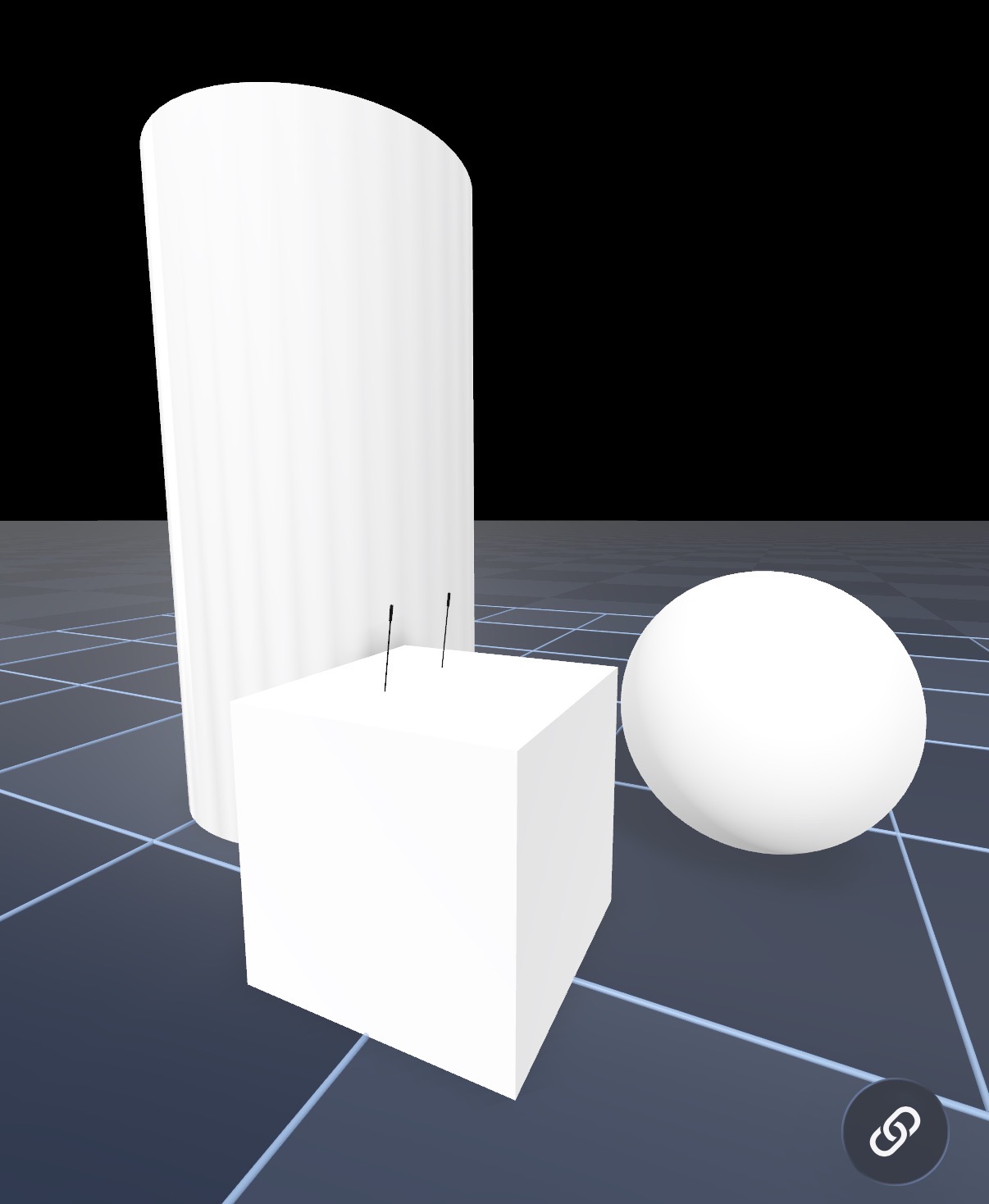 ARMOR 3D view showing three world object primitives — a cylinder, a box, and a sphere — placed on the grid ground plane in the MuJoCo robot simulation scene