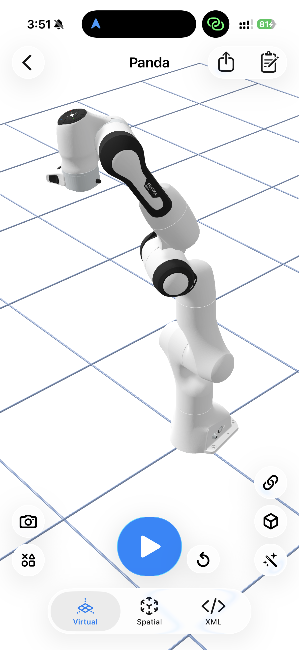 Franka Emika Panda robot arm rendered in ARMOR's 3D viewer, imported from the gallery's Xacro-only source repository