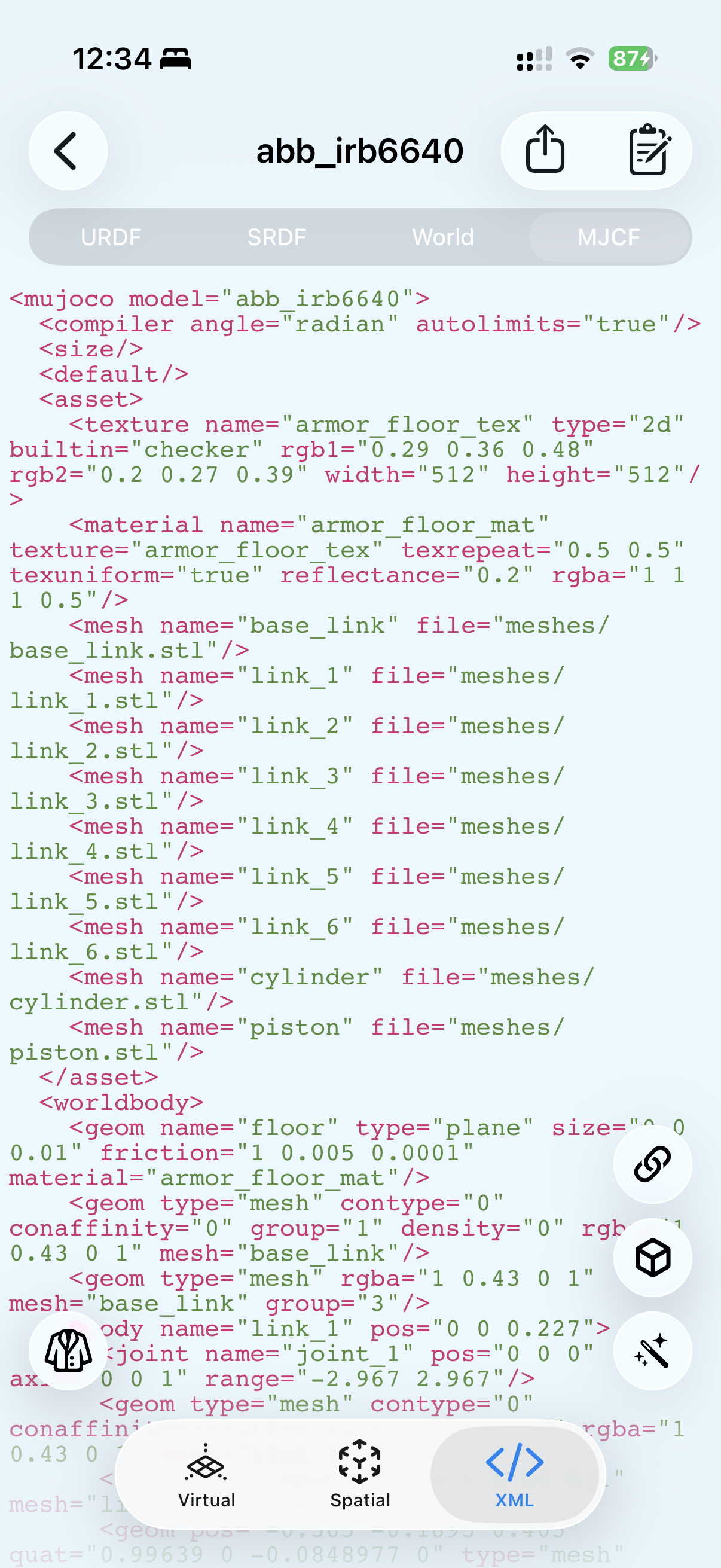 ARMOR XML Viewer showing the compiled MuJoCo MJCF tab for the ABB IRB 6640 robot, with URDF, SRDF, World, and MJCF tabs visible at the top and the checker floor material defined in the XML
