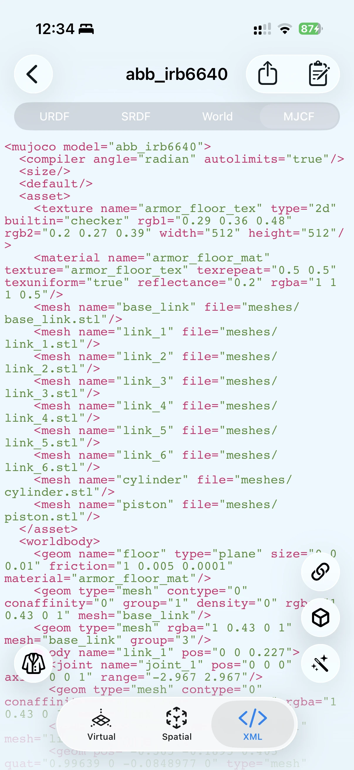 ARMOR XML Viewer showing the compiled MuJoCo MJCF tab for the ABB IRB 6640 robot, with URDF, SRDF, World, and MJCF tabs visible at the top and the checker floor material defined in the XML