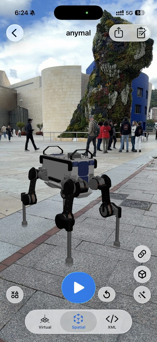 ANYmal quadruped URDF simulated with MuJoCo in augmented reality in ARMOR