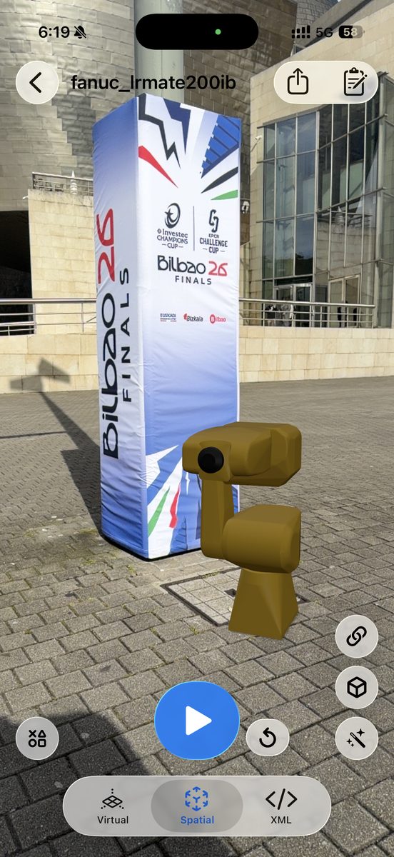 FANUC LR Mate 200iB industrial robot arm URDF rendered in augmented reality with ARMOR on iPhone