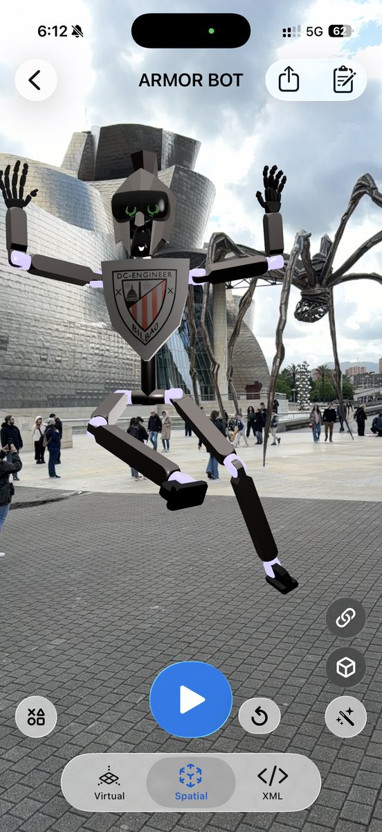 ARMOR Bot mascot posed in augmented reality at the Guggenheim Bilbao using the ARMOR app on iPhone