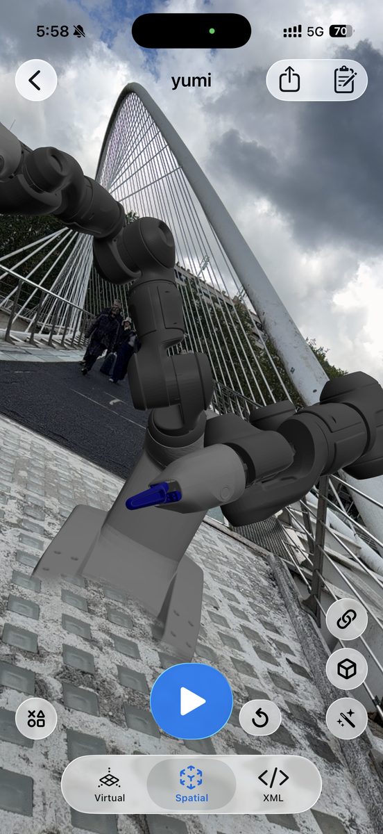 ABB YuMi dual-arm robot URDF simulated with MuJoCo in augmented reality in ARMOR